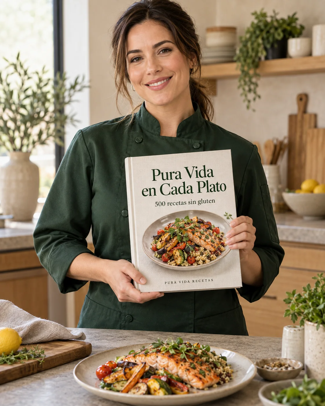 Chef con el recetario Pura Vida en Cada Plato, de Pura Vida Recetas