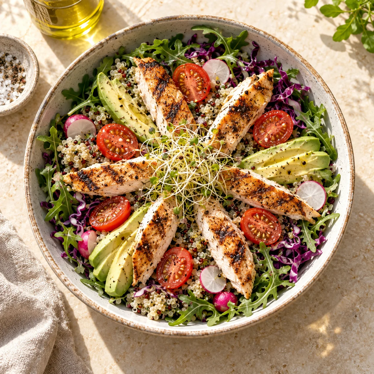 Bowl de pollo en estrella, quinoa y vegetales