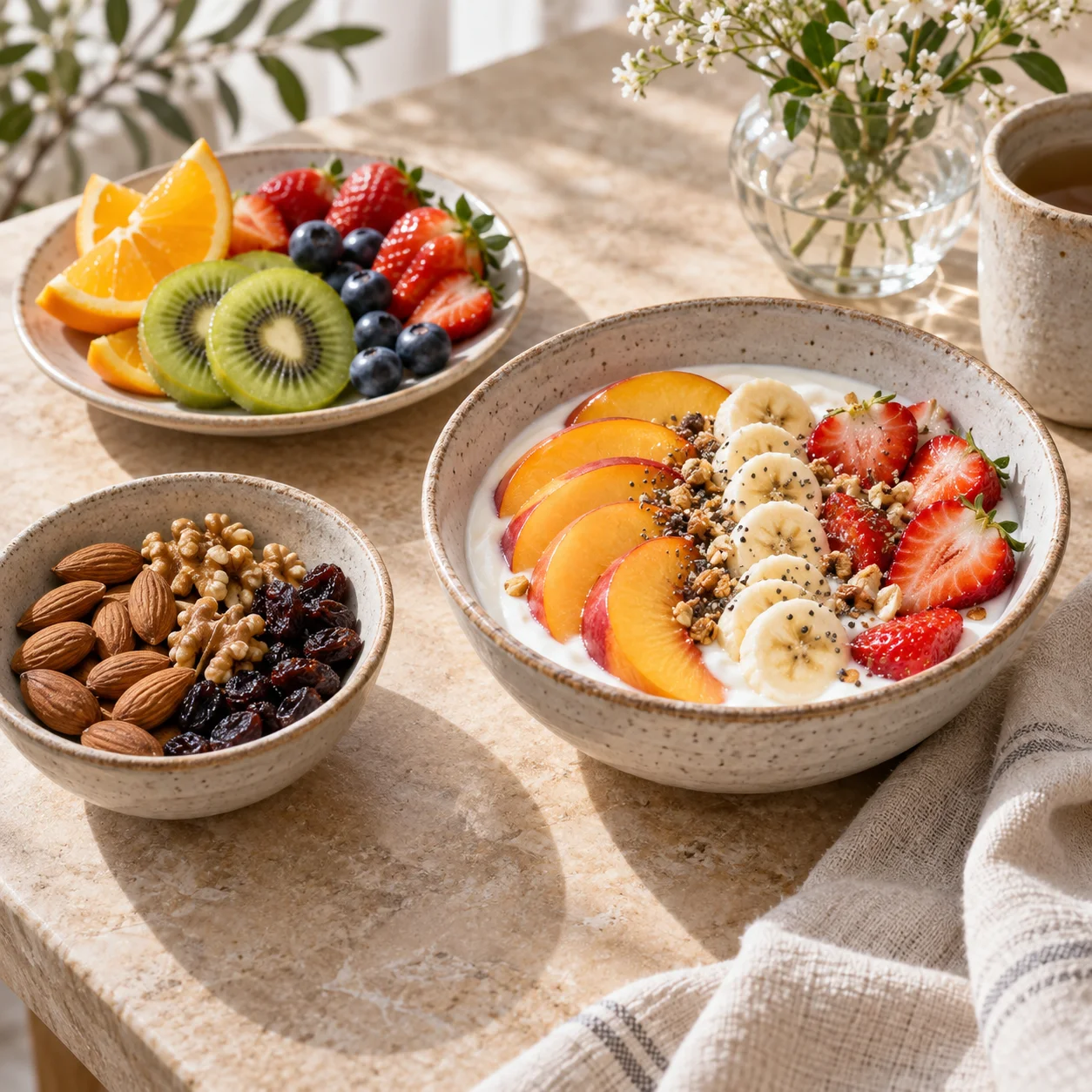 Desayuno con yogur, frutas y frutos secos