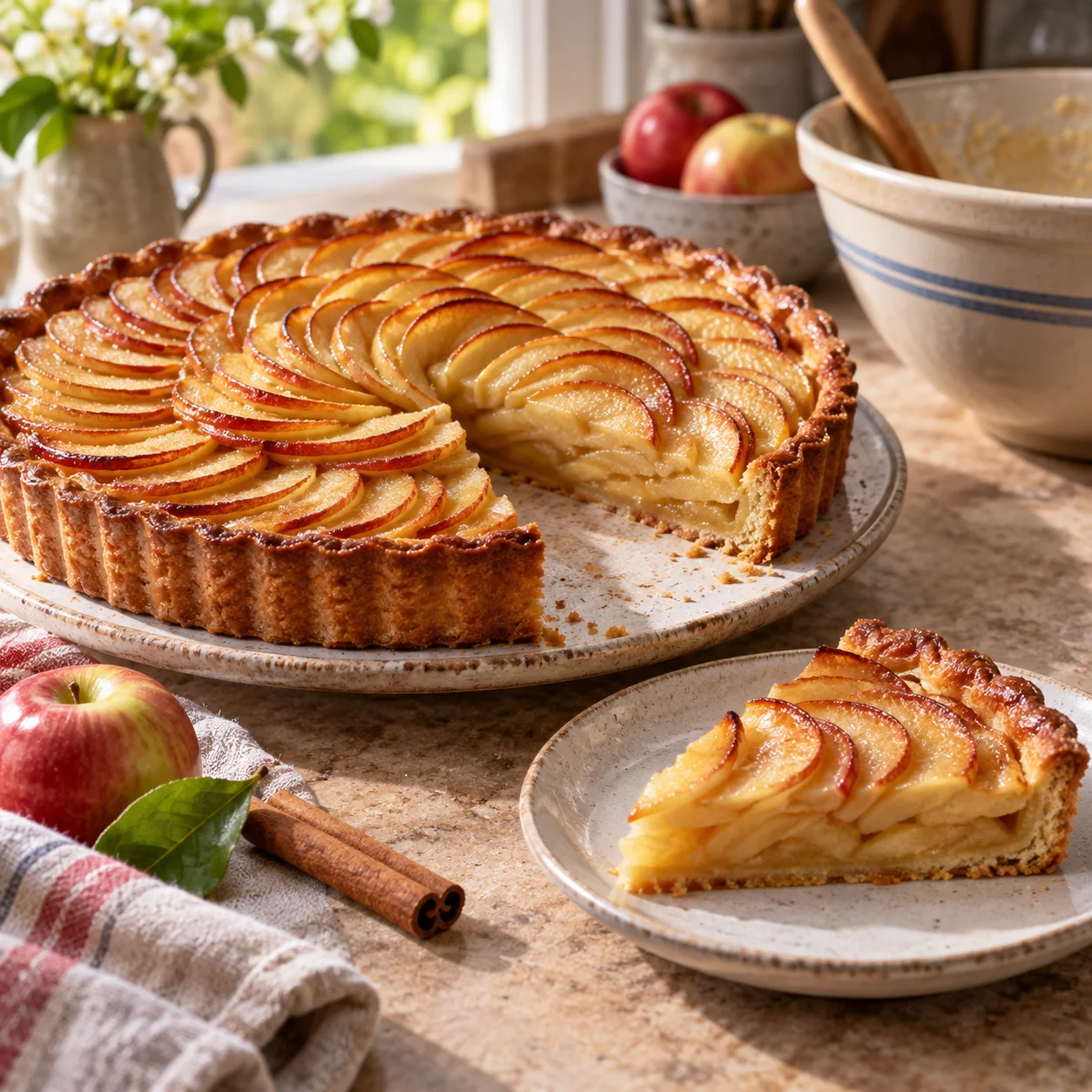 Tarta de manzana con una porción servida