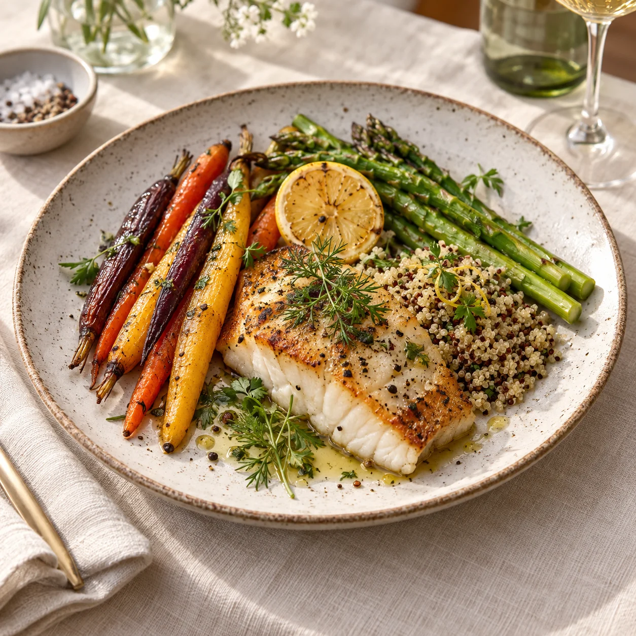 Plato principal gourmet con pescado y vegetales