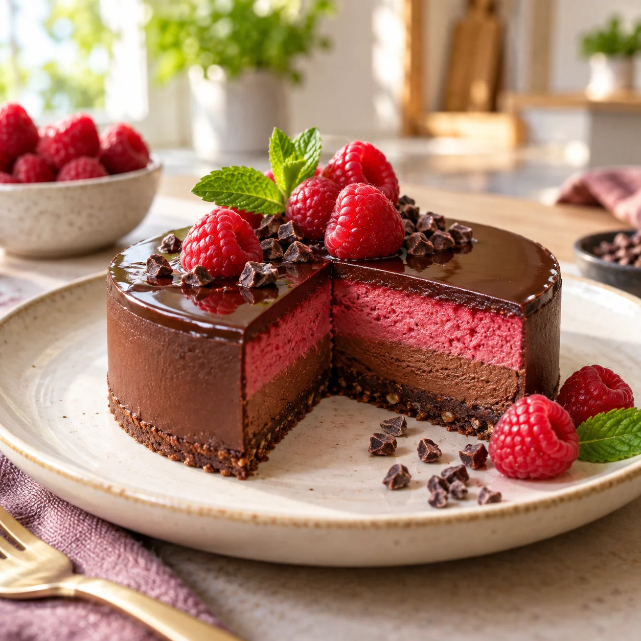 Postre de chocolate y frambuesas